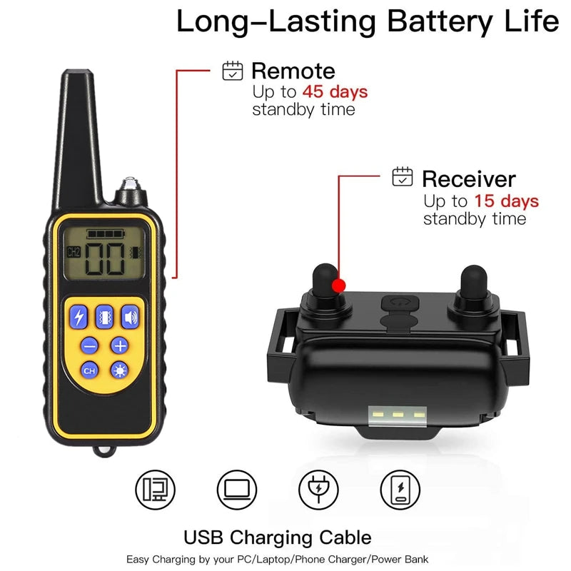 800M Remote Control Electric Anti Barking Training Dog Collar Rechargeable Waterproof Control Collar for Dogs Training Equipment