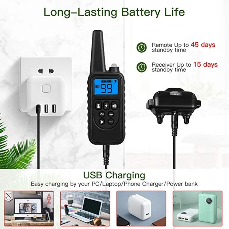 800M Remote Control Electric Anti Barking Training Dog Collar Rechargeable Waterproof Control Collar for Dogs Training Equipment