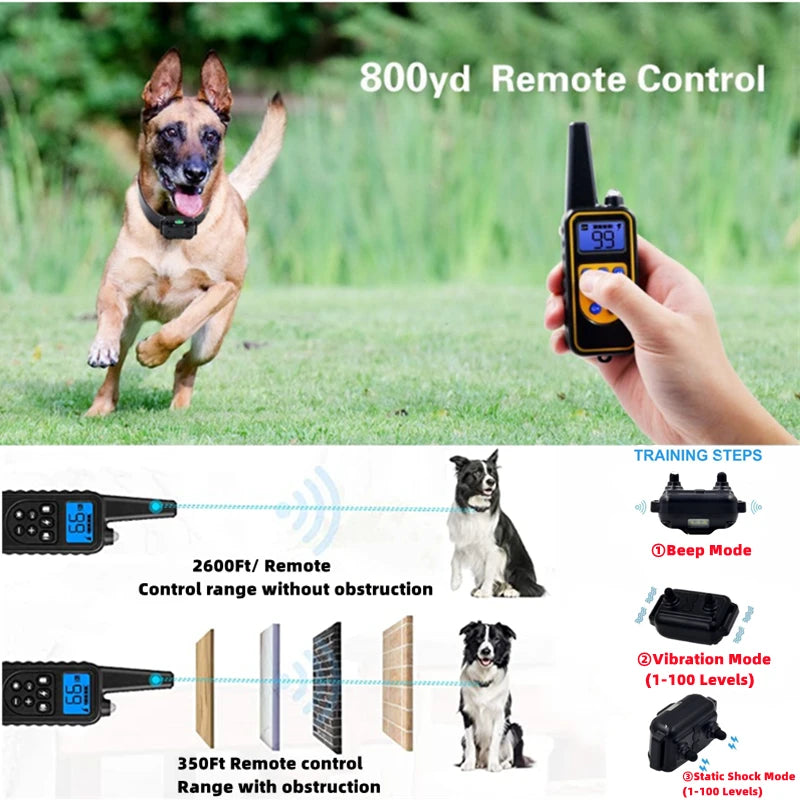 800M Remote Control Electric Anti Barking Training Dog Collar Rechargeable Waterproof Control Collar for Dogs Training Equipment