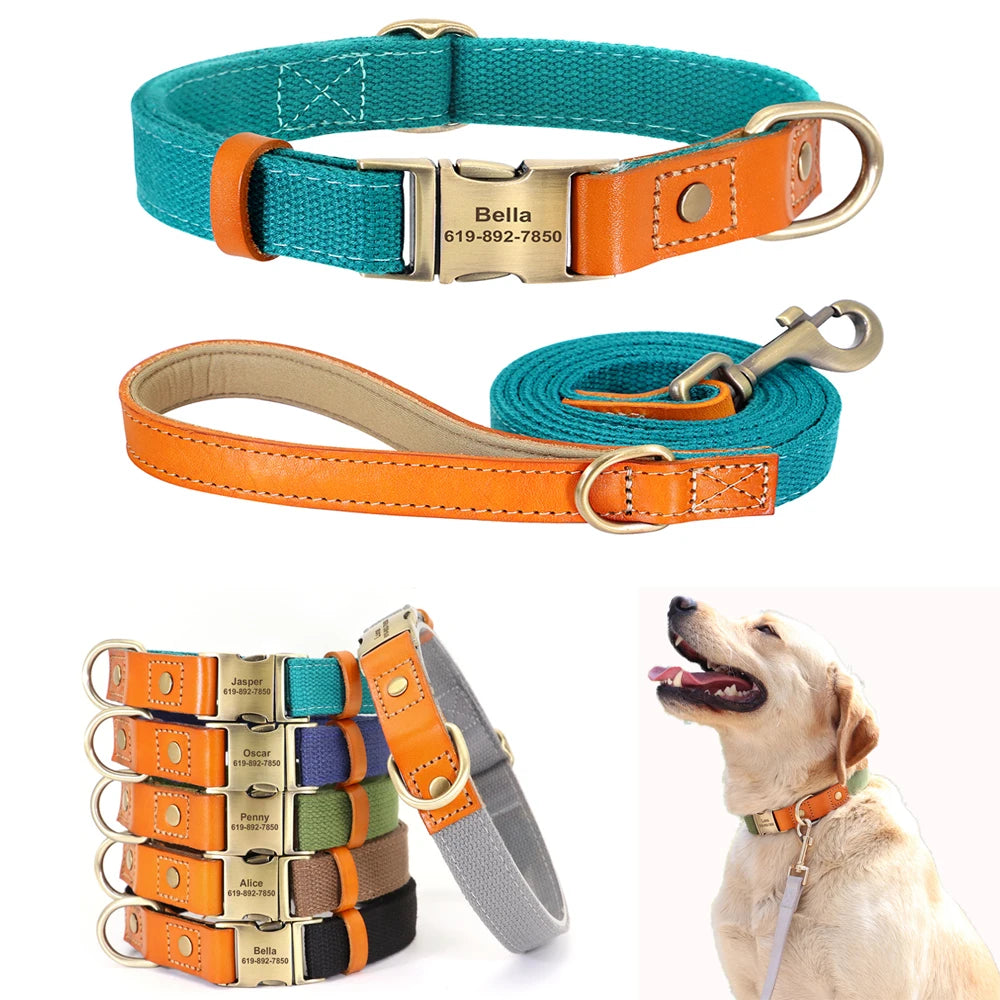 Nylon Custom Dog Puppy Collar Leash Set Personalized Genuine Leather Pet Nameplate ID Tag Accessories Collars Pet Products Perro