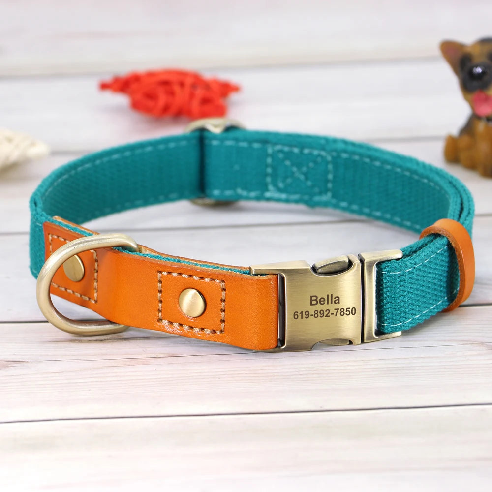 Nylon Custom Dog Puppy Collar Leash Set Personalized Genuine Leather Pet Nameplate ID Tag Accessories Collars Pet Products Perro