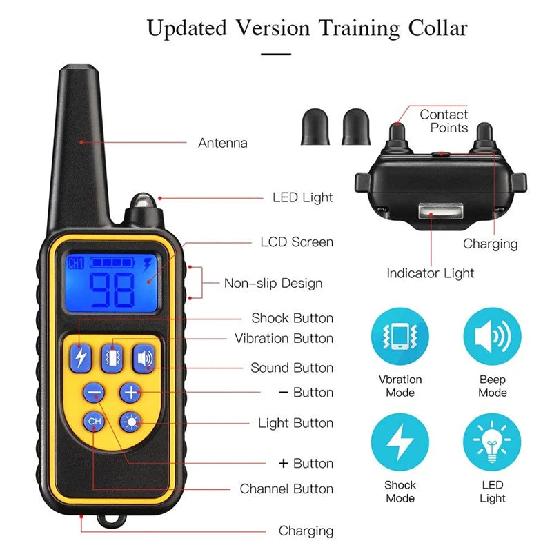 800M Remote Control Electric Anti Barking Training Dog Collar Rechargeable Waterproof Control Collar for Dogs Training Equipment